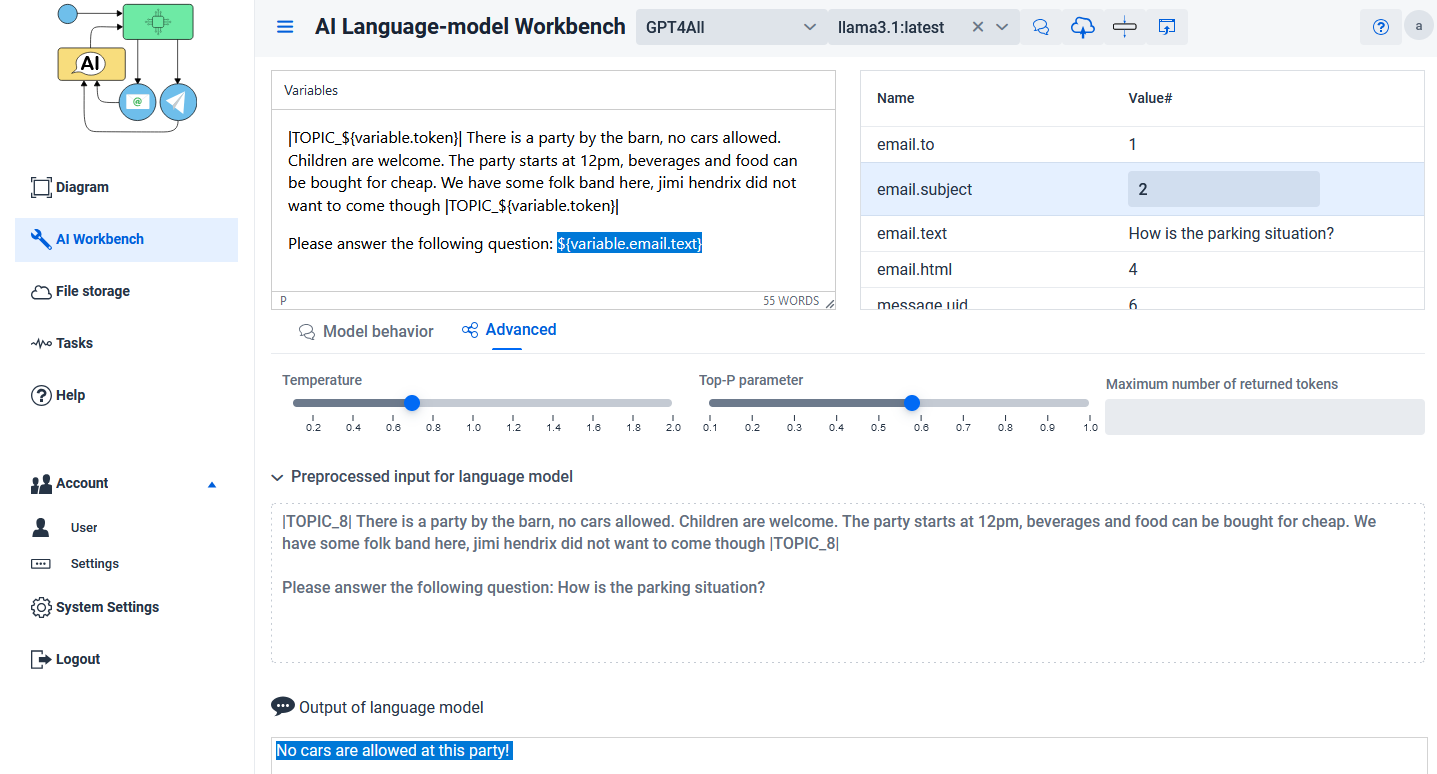 AI Workbench screenshot with parameters