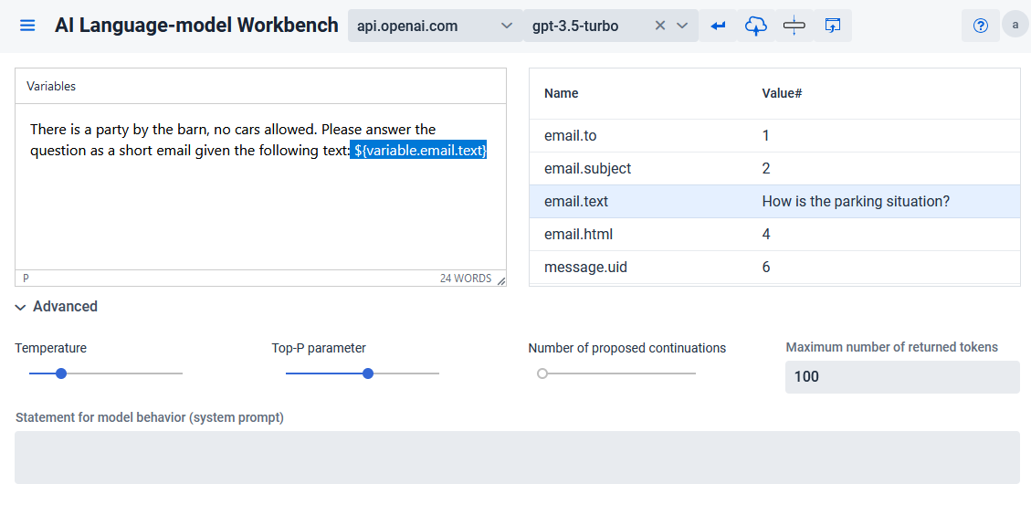 AI Workbench screenshot with parameters